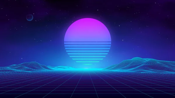 Fondo azul paisaje retro. 3d vector de fondo. Tecnología futurista paisaje de montaña. Ciudad digital neón 80 tecnología música fondo. EPS 10. — Vector de stock