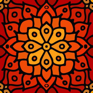 Kırmızı, soyut, pürüzsüz mozaik süsü. Turuncu geometrik oryantal çiçek deseni. Bohem, Kusursuz Doğulu Arabesk. Kabile desen vektörü.