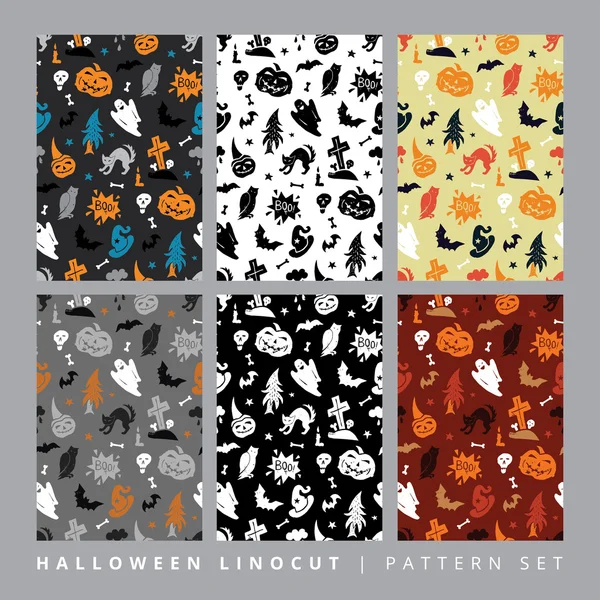 Halloween Linocut Vector seamless patterns Royalty Free Stock Illustrations