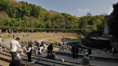 Nanjing, Çin 'de bir şehir meydanında uçan güvercinler. Yüksek kalite 4k görüntü