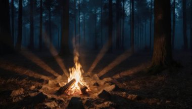 Çatırdayan bir kamp ateşi karanlık bir ormanı aydınlatır, uzun gölgeler bırakır ve gece sıcaklık ve gizem hissi yaratır..