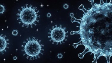 Koronavirüs parçacıklarının mikroskop altında detaylı çizimi, virüsün yapısını ve hücre ortamları üzerindeki etkisini gösteriyor. Bilimsel ve eğitici görselleştirme.