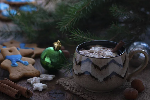 Nowy Rok Słodkie Pierniki Gorące Kakao Piankami — Zdjęcie stockowe