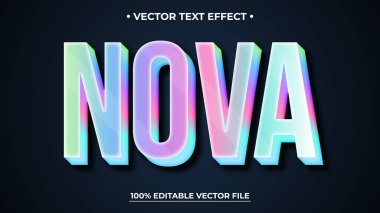 NOVA kelimesi karanlık bir arkaplana karşı holografik, düzenlenebilir bir vektör metin efekti olarak gösterilir. Tasarımı modern ve göz alıcı..