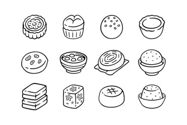 Çin tatlıları, Asya sokak yemekleri, geleneksel pastalar, Asya 'ya özgü çerez ana hatları, restoran menüleri, ambalajlama, gıda markalaşması için vektör tasarımı ikonu tasarımı.