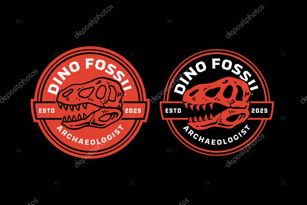 Dinosaur skull, T-rex head fossil retro badge logo vector design set for science, archaeologist, history. Prehistoric skeleton, Paleontology vintage emblem patch logo graphic pack. Vector illustration
