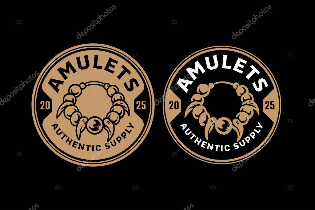 Amulet bracelet, Talisman pendant, Spiritual charm retro badge logo vector design set for adventure. Lucky accessory, Protective jewelry vintage emblem patch logo graphic pack. vector illustration