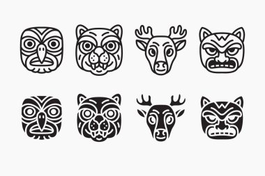 Ethnic animal head with eagle, tiger, deer, feline faces outline icon set. Tribal animal totem silhouette pack. Native animal mask, Spirit indigenous animal face, Native tattoo. Vector illustration