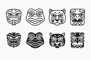 Native animal head with eagle, tiger, deer, feline faces outline icon set. Ethnic animal totem silhouette pack. Tribal animal mask, Spirit totem head, Indigenous face, Tattoo. Vector illustration