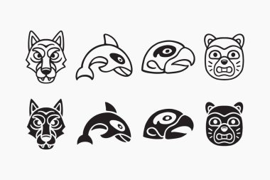 Tribal animal totem with wolf, orca, bird, raccoon outline icon set. Native spirit animal head silhouette pack. Ethnic animal mask, Indigenous head, Totem figure, Culture Tattoo. Vector illustration