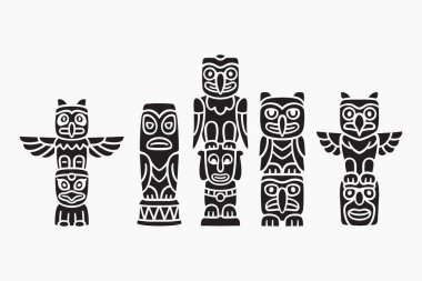 Tribal totem pillar silhouette icon set. Cultural tribal sculpture solid element design pack. Native wooden totem, Indigenous spirit pole, Ethnic ceremonial totem, Native tattoo. Vector illustration