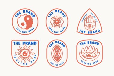 abstract eye and sun emblem vector logo set for creative. yin yang, hamsa, and eye retro badge element design pack. spiritual symbol patch bundle with sun, eye, flower, hand motifs for merchandise