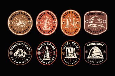 boulder field, rock spire, cliff face, stone dome, geological formation vintage badge logo design set in outline and silhouette style for adventure, outdoor, national park, travel. vector illustration