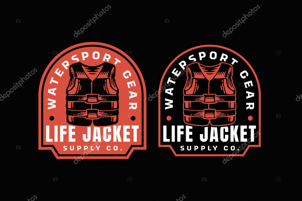 Life jacket retro badge logo vector design set for outdoor. safety vest, buoyancy aid vintage emblem design pack for adventure . flotation gear, watersport equipment patch designs for extreme sport