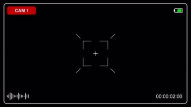 video ekran çerçeve arayüzü odak çapraz ve pil göstergesi ile. Kamera kaydı Hud ve zamanlayıcı ile video düzenleme için örtüşüyor. Modern hud elemanları ve odak rehberi olan sinematik kayıt çerçevesi