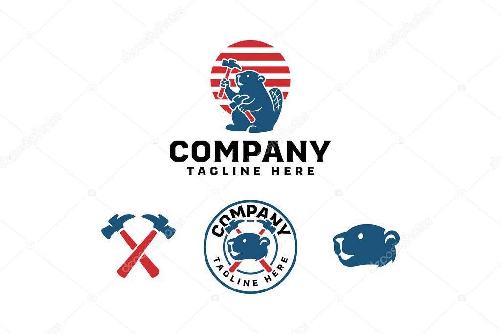 Beaver holding hammer mascot modern logo design set for builder, construction, carpenter, hardworking business company. vector illustration