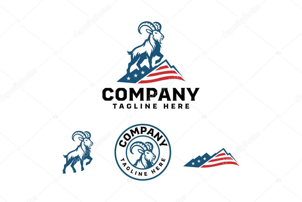 Mountain goat, ram standing on mountain with stars and stripes red blue mascot modern logo design set for patriotic, american, politic, sport, industry business company. vector illustration