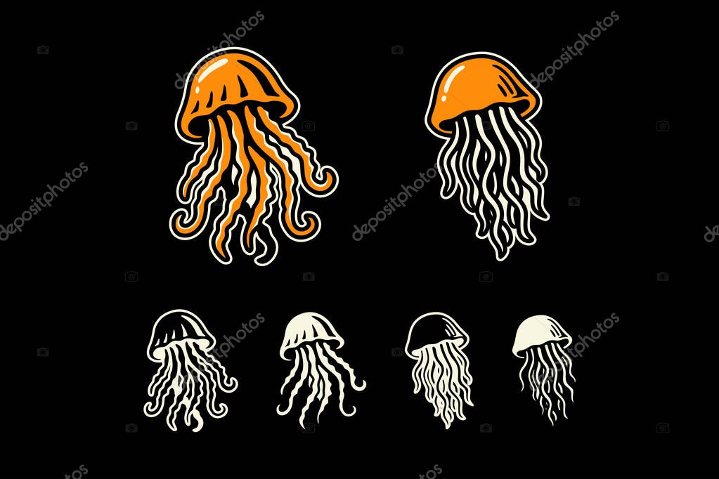 Jellyfish with flowing tentacles modern logo design set for marine, aquatic, nautical, adventure, outdoor. sea jellyfish, underwater creature vector illustration in colorful and outline style