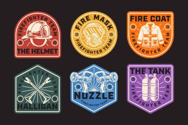 İtfaiye logosu, kasklı, gaz maskeli, ceketli, halligan barlı, başlıklı, tanklı. İtfaiyeci acil durum ekibi. Kurtarma, güvenlik ve işçi için retro rozet tasarım paketi. Vektör İllüstrasyonu