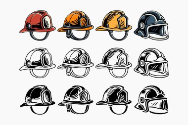 İtfaiyeci miğferleri kurtarma, işçi ve acil durum hizmetleri için klasik vektör çizimi ayarlandı. İtfaiyeci şapkası, kurtarma kaskı, renkli, oymalı ve silüet şeklinde itfaiyecilik malzemeleri koleksiyonu.