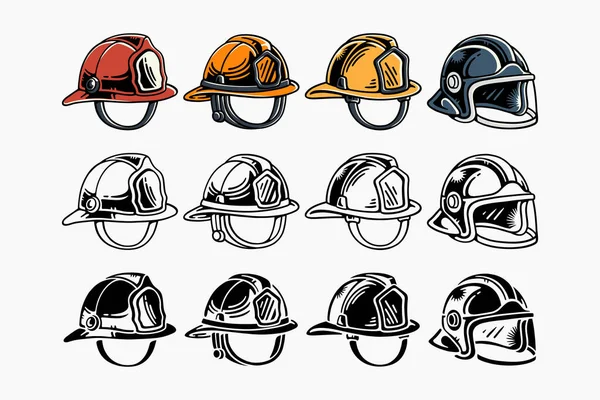 İtfaiyeci miğferleri kurtarma, işçi ve acil durum hizmetleri için klasik vektör çizimi ayarlandı. İtfaiyeci şapkası, kurtarma kaskı, renkli, oymalı ve silüet şeklinde itfaiyecilik malzemeleri koleksiyonu.