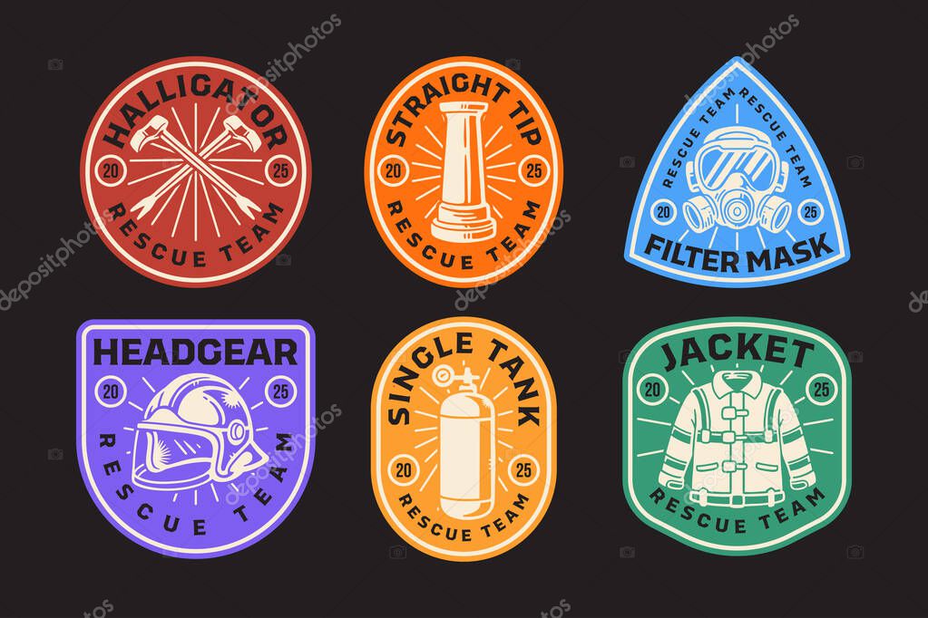 Halligan bar crossed, straight tip nozzle, fire helmet, single tank and fire jacket retro badge logo vector design set for firefighter, fireman, rescue, worker, safety gear. Vector illustration