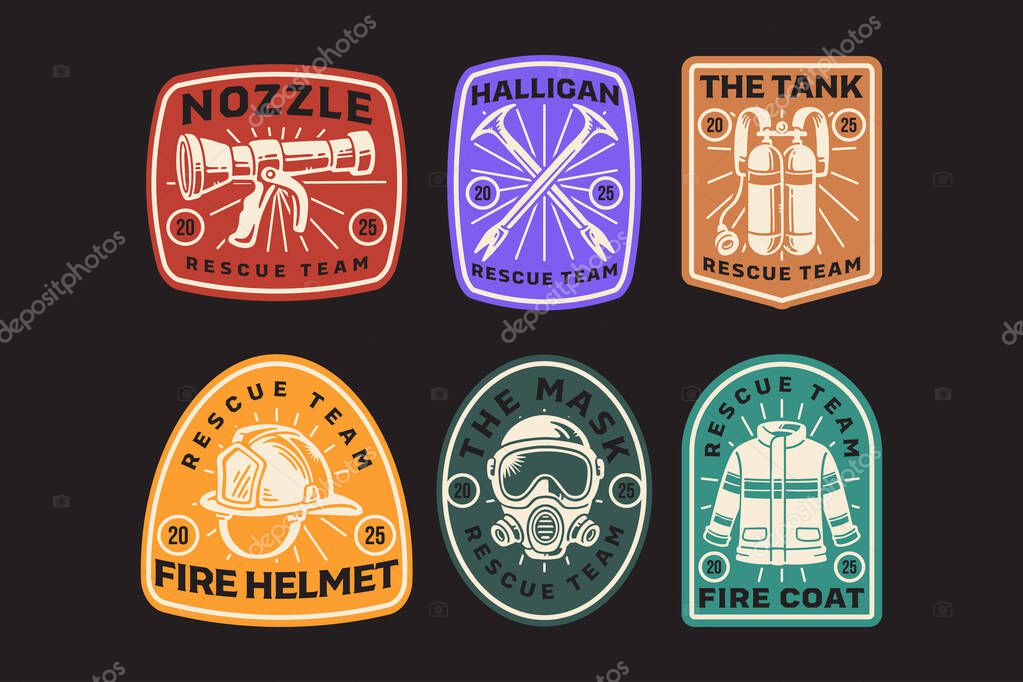 Firefighter rescue team retro badge logo design set with nozzle, halligan bar, double tank, fire hat, gas mask, fire coat. Safety emergency crew patch logo design collection. Vector Illustration