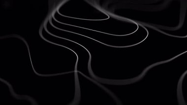 Soyut topografik hatlar koyu minimal arka planda. Arazi dalgaları parlayan, akan ve siyah 3D gradyatlı. koyu asgari yükseklik haritası canlandırma arkaplanı