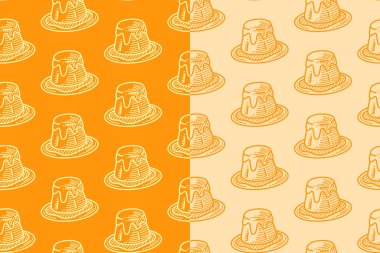 Sarı arka planda karamel flan oyma deseni. Muhallebi tatlısı desenli arkaplan. Kremalı puding kuluçkaya yatma motifi duvar kağıdı. Restoran, kafe, hamur işi ambalajı ve mallar.