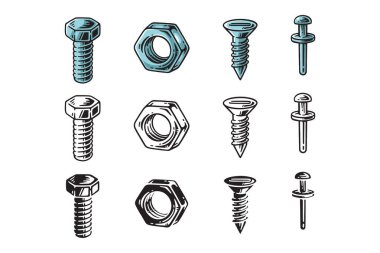 cıvata, vida, vida, bağlayıcı, renkli iplik simgesi seti, inşaat, donanım, endüstriyel, parça, teknik varlık, bileşen, atölye ve garaj için taslak ve siluet stili