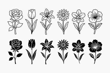 Gül, lale, zambak, papatya, narsis, çiçek ikonu ana hatlarıyla belirlenmiş ve botanik süsleme için sağlam stil. Çiçek açan bitki, bahçe çiçeği, doğa çiçeği. Vektör İllüstrasyonu