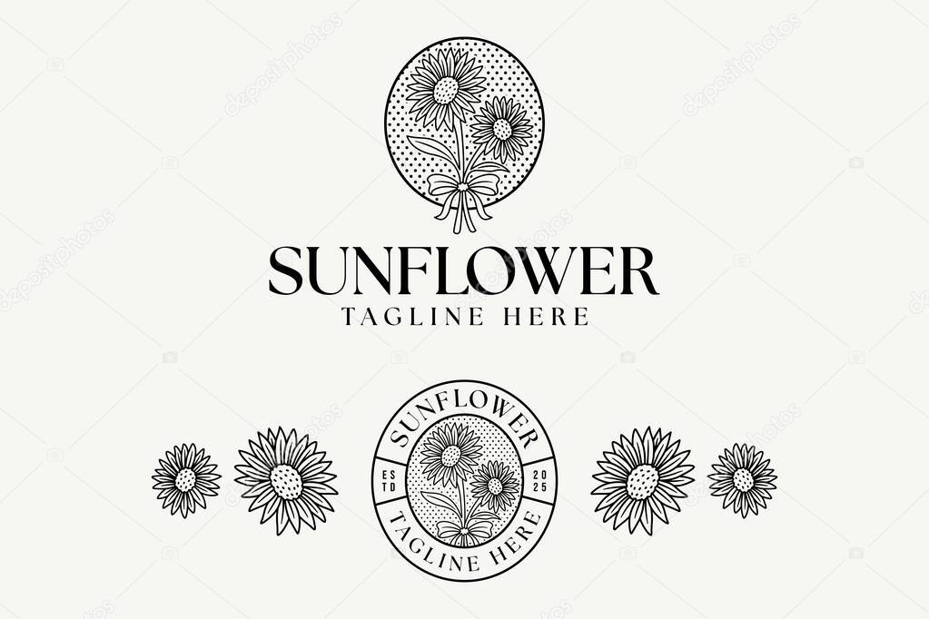 Sunflower botanic logo in minimal line art style for skincare, florist, wedding, boutique. botanical sunflower emblem with vintage circular badge design for beauty care, spa, salon, cosmetic
