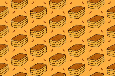Pasta ve pastane için sarı arka planda sünger katmanlı tatlı renkli resimleme deseni. Bal keki, Torte, kek dilimi karikatürü restoran ve kafeler için izole motif arka plan