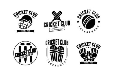 Kriket kulübü turnuva retro rozet logosu. Beyzbol sopası, top, kask, eldiven ve spor kulübü ve turnuva için kütük. Cırcır böceği spor seti antika yama tasarım paketi. Vektör İllüstrasyonu