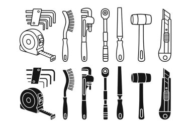 El aletleri ana hatları ve siluet simgesi seti İngiliz anahtarı, kesici, fırça, mezura, sanayi için çekiç, atölye, onarım. İnşaat için mekanik ekipman hattı sanatı ve katı element tasarım paketi