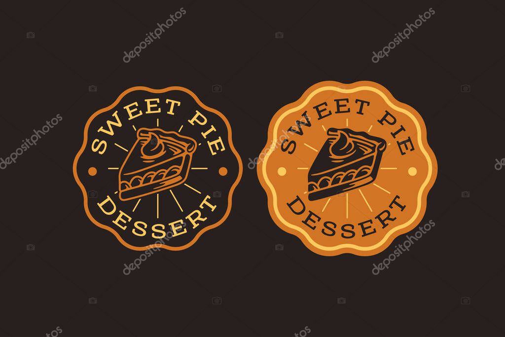 Pie dessert slice retro badge logo design set for bake shop. Sweet pie pastry vintage emblem element design pack for bakery. Cinnamon and potato creamy pie patch vector illustration set for cafes