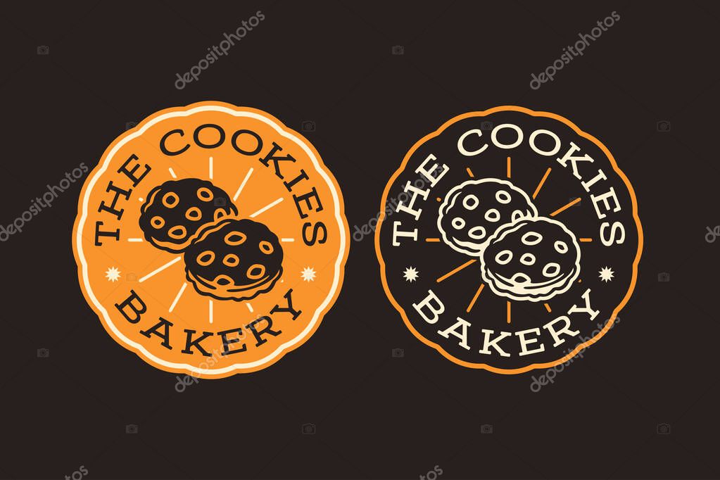 Cookies with chocolate chip retro badge logo design set for bake shop. Sweet biscuit pastry vintage emblem element design pack for bakery. Baked treat snacks patch vector illustration set for cafes