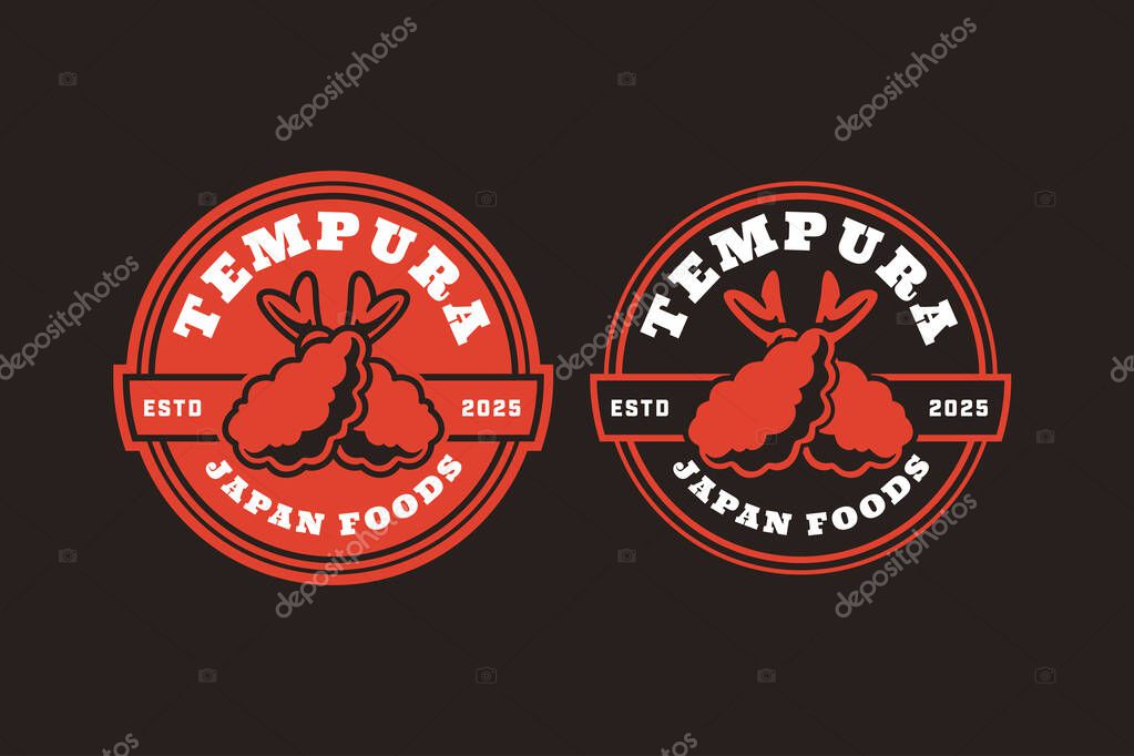 Tempura shrimp retro badge logo design set for Japanese restaurant. Seafood tempura vintage emblem element design pack for street food. Crispy prawn patch vector illustration set for Asian food