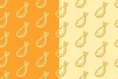 Restoran için sarı beyaz arka planda karides tempura çizgisi kusursuz desen. Mutfak için Ebi tempura işlemeli karalama desenli arka plan. Kızarmış karides tempura yumurtadan çıkan motif duvar kağıdı.