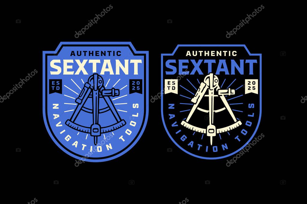 Sextant navigation instrument retro badge logo vector design set for adventure. Calestial navigator vintage patch illustration pack for outdoor. Marine sextant emblem sticker elements for explore