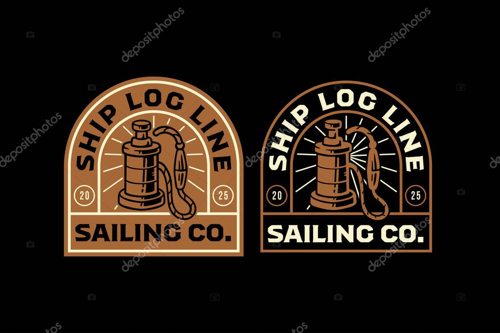 Ship log line retro badge logo vector design set for adventure. Marine measurer vintage patch illustration pack for outdoor. Nautical log line sturdy emblem sticker element design for seafaring
