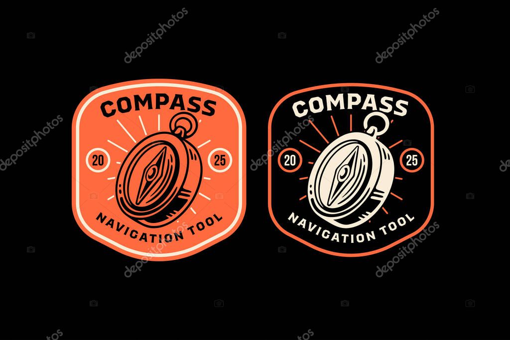 Compass navigation tool retro badge logo vector design set for adventure. Direction tool vintage patch illustration pack for outdoor. Wayfinder bearing devive emblem sticker element design for explore
