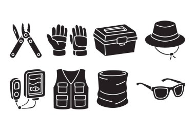 Balıkçılık malzemeleri, eldiven, depo, şapka, balık bulucu, yelek, cilt, balıkçılar için güneş gözlüğü silueti ikonu. Balık aksesuarları katı element tasarım paketi. Angler Vites Glyph vektör sembolü destesi