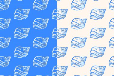 Deniz kabuğu yumuşakçaları deniz ürünleri için mavi bej arka planda kusursuz desenler çizerler. Deniz kabuğu hayvan kabuğu kabuğu kabuğu işleme kalıbı. Okyanus kabuklu deniz hayvanları yumurtadan çıkma motif duvar kağıdı