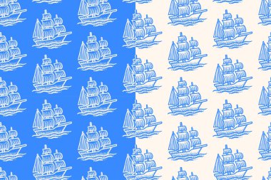 Yelkenli gemi, deniz ve kıyı ticareti için mavi bej arka planda pürüzsüz bir desen çizmiş. Galleon kabartma kalıplı arka plan. Deniz gemisi kuluçkadan çıkma motif duvar kağıdı