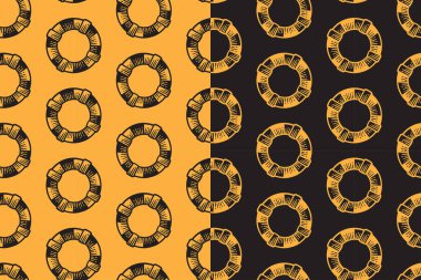 Lifebuoy kurtarma ekibi, ticari mal için sarı siyah arka planda pürüzsüz bir desen oluşturdu. Çapraz kayış çizgisi çizgili yüzüğün karalama kalıbı. Güvenlik şamandırası mantar çatlama motif duvar kağıdı