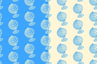 Macera ürünleri için mavi bej arka planda Dünya küresi modelinin kusursuz oyması. Dünya küre çizgisi karalama modeli arka planı. Karasal harita küre kuluçkaya yatma motifi duvar kağıdı