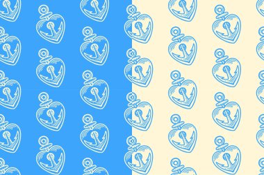Mavi bej arka planda, ticaret için hazırlanmış, aşk şekilli, kusursuz desenli bir dayanak. Kalp çizgisi, karalama çizimi geçmişi olan bir denizci sunucusu. Çapa kalp kuluçkaya yatma motif duvar kağıdı