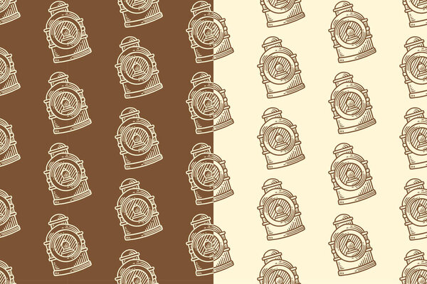 Binaccle ship compass engraving seamless pattern on tan beige background set for merchandise. Marine compass stand doodle pattern background. Compass navigation housing hatching motif wallpaper