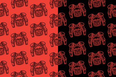 Hokey vücut zırhı, spor malzemeleri için kırmızı siyah arka planda pürüzsüz desen. Hokey göğüs koruyucusu kuluçkaya yatmış. Hokey omuz yastığı çizgisi sanat motifi duvar kağıdı